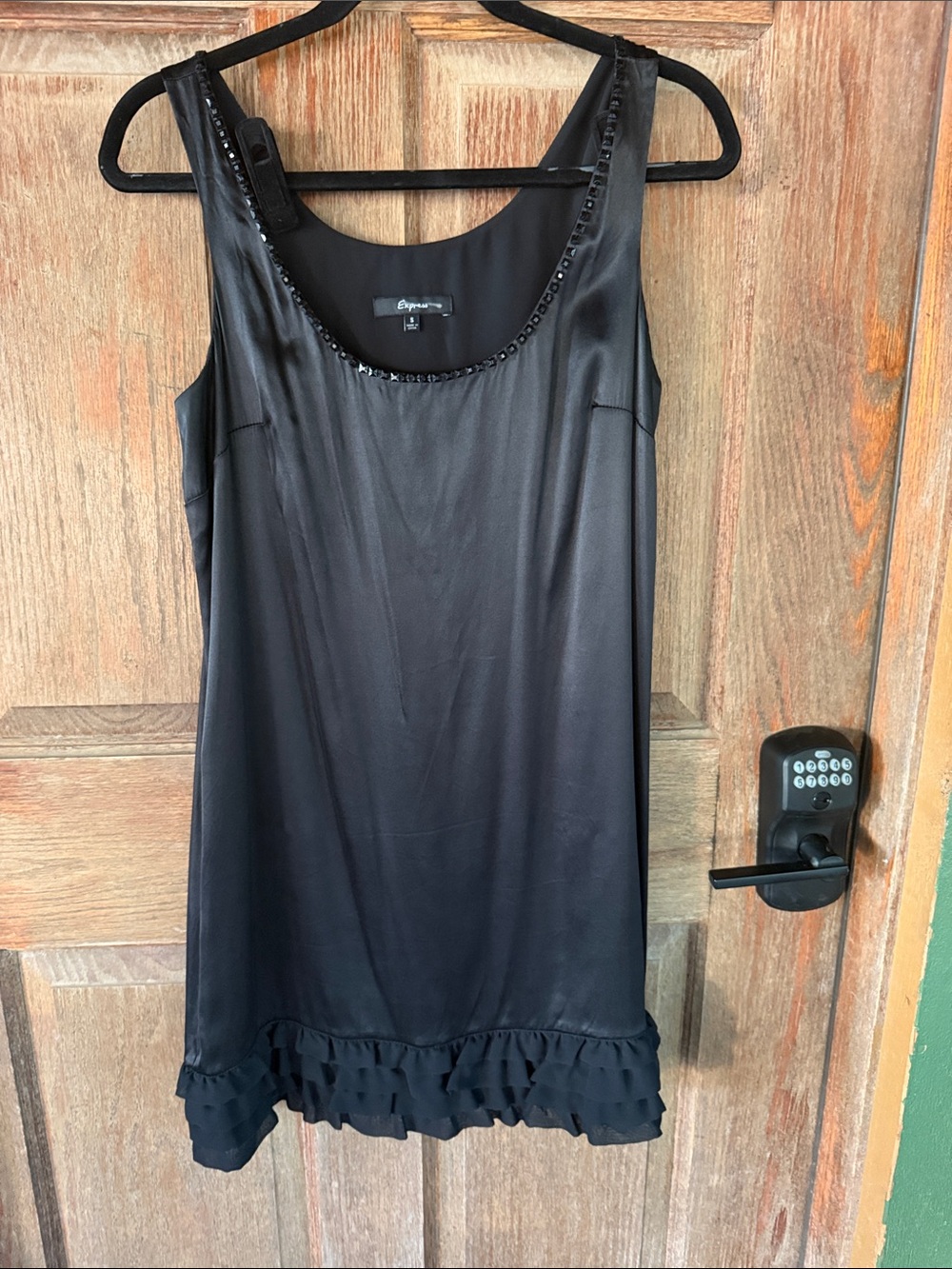 Express Black Beaded Neckline Ruffled Hem Camisole Dress